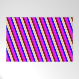 [ Thumbnail: Blue, Fuchsia, Maroon, and Tan Colored Lined Pattern Welcome Mat ]