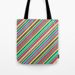 [ Thumbnail: Eye-catching Tan, Green, Cyan, Deep Pink, and Chocolate Colored Pattern of Stripes Tote Bag ]