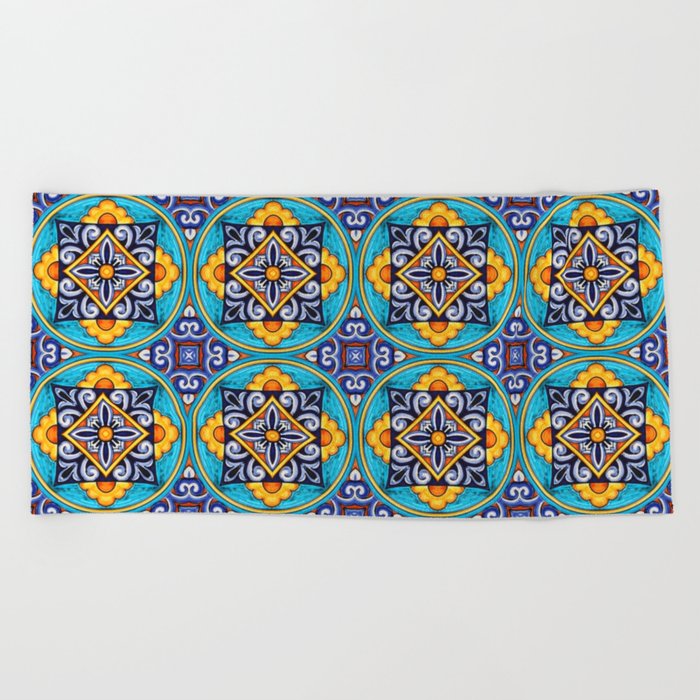 blue yellow tile moroccan pattern Beach Towel