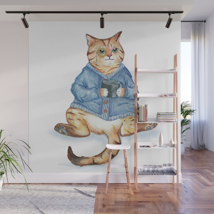 Tea time with monocle cat Wall Mural