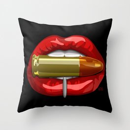 Biting The Bullet Pierced Red Lips on Black Throw Pillow