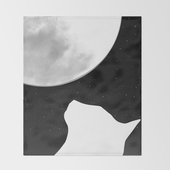 Black And White Dreaming Cat And Moon Design Throw Blanket By