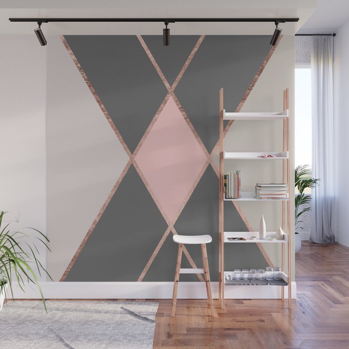 Modern pastel pink gray color block rose gold stripes Wall Mural