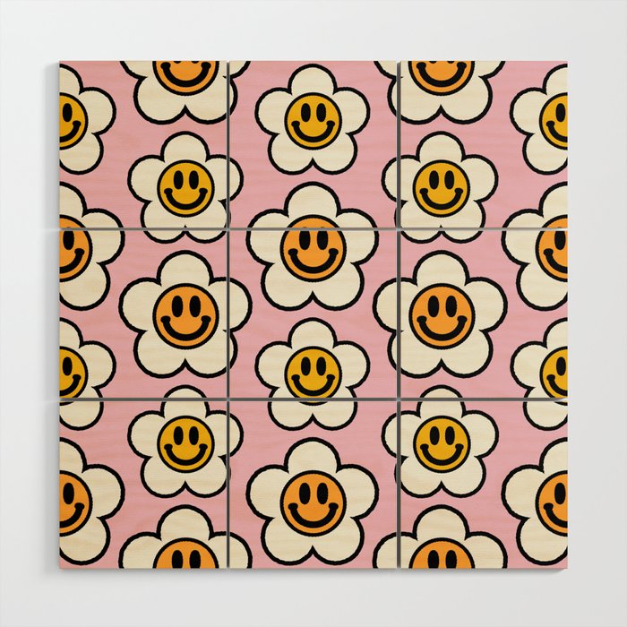 Bold And Funky Flower Smileys Pattern (Pink BG) Wood Wall Art