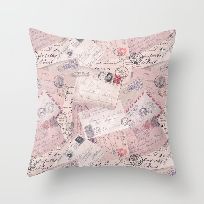 Nostalgic Letter and Postcard Collage Soft Pink Throw Pillow
