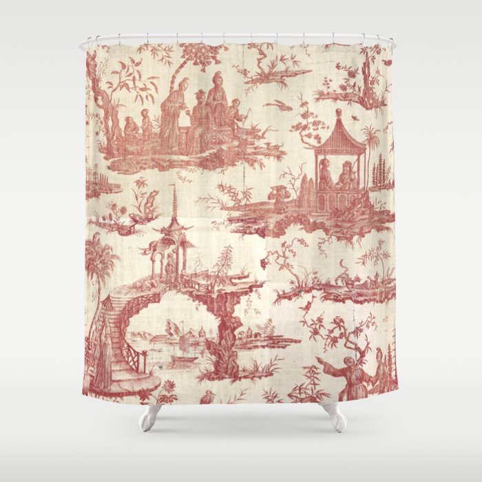 Antique 18th Century Chinoiserie Pagoda Toile de Jouy Shower Curtain by