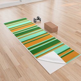 [ Thumbnail: Dark Orange, Dark Green, and Aquamarine Colored Stripes Pattern Yoga Towel ]