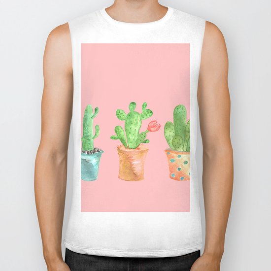 Three Green Cacti On Pink Background Biker Tank