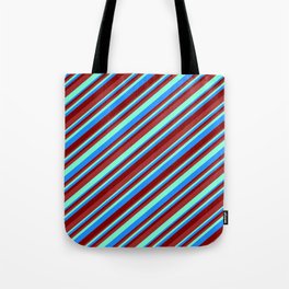 [ Thumbnail: Brown, Aquamarine, Blue, and Maroon Colored Striped/Lined Pattern Tote Bag ]