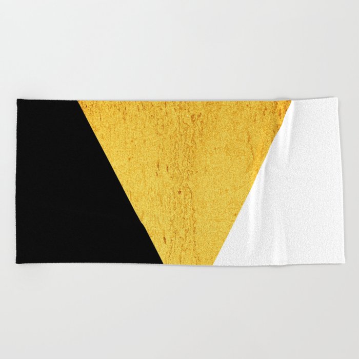 Abstract geometric modern minimalist collage of black, white, gold texture colorblock Beach Towel