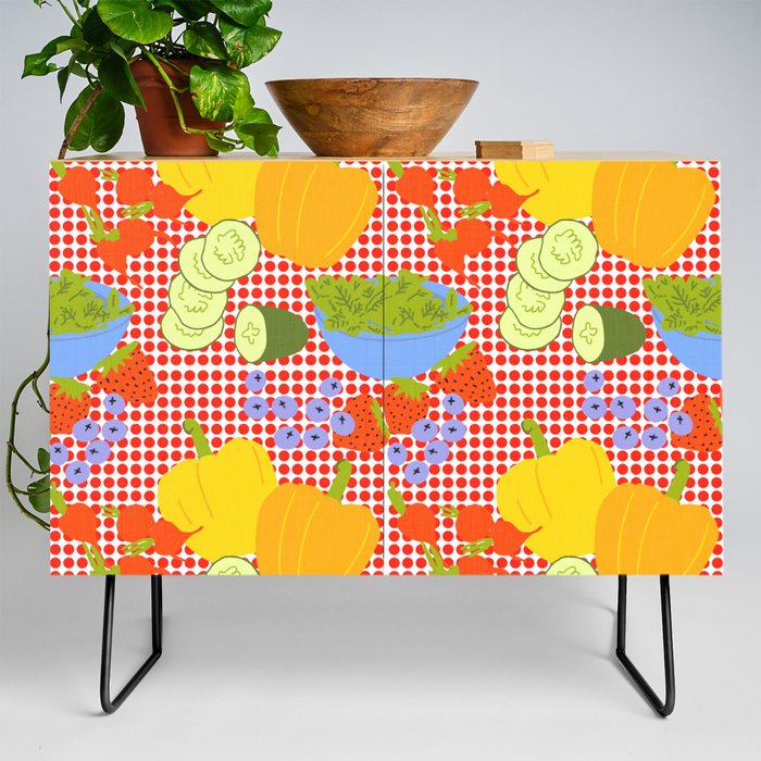 Cottagecore Retro Fruits And Vegetables On Red Credenza