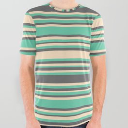 [ Thumbnail: Aquamarine, Dim Gray, and Bisque Colored Lines/Stripes Pattern All Over Graphic Tee ]