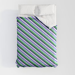 [ Thumbnail: Colorful Medium Slate Blue, Light Blue, Lime Green, Midnight Blue, and White Colored Striped Pattern Comforter ]