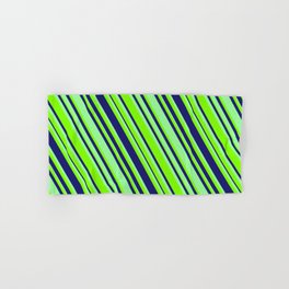 [ Thumbnail: Midnight Blue, Green & Chartreuse Colored Lined/Striped Pattern Hand & Bath Towel ]