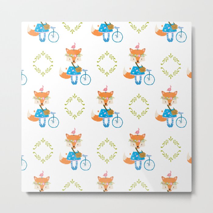 Girl Fox with Bike Pattern Metal Print