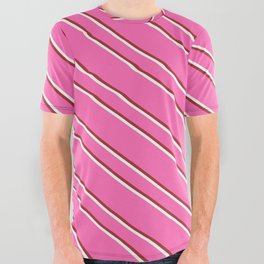 [ Thumbnail: Hot Pink, Brown, and Mint Cream Colored Striped Pattern All Over Graphic Tee ]