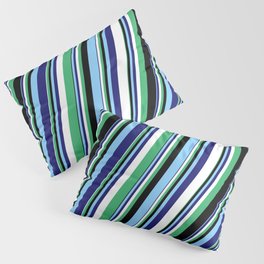 [ Thumbnail: Eyecatching White, Sea Green, Black, Light Sky Blue, and Midnight Blue Colored Stripes Pattern Pillow Sham ]