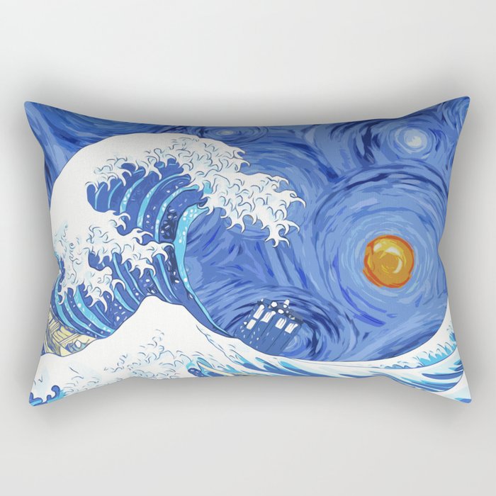 Retro Tardis Starry Night And The Great Wave Off Kanagawa Rectangular Pillow