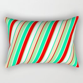 [ Thumbnail: Eye-catching Green, Tan, Red, Light Green, and White Colored Pattern of Stripes Rectangular Pillow ]