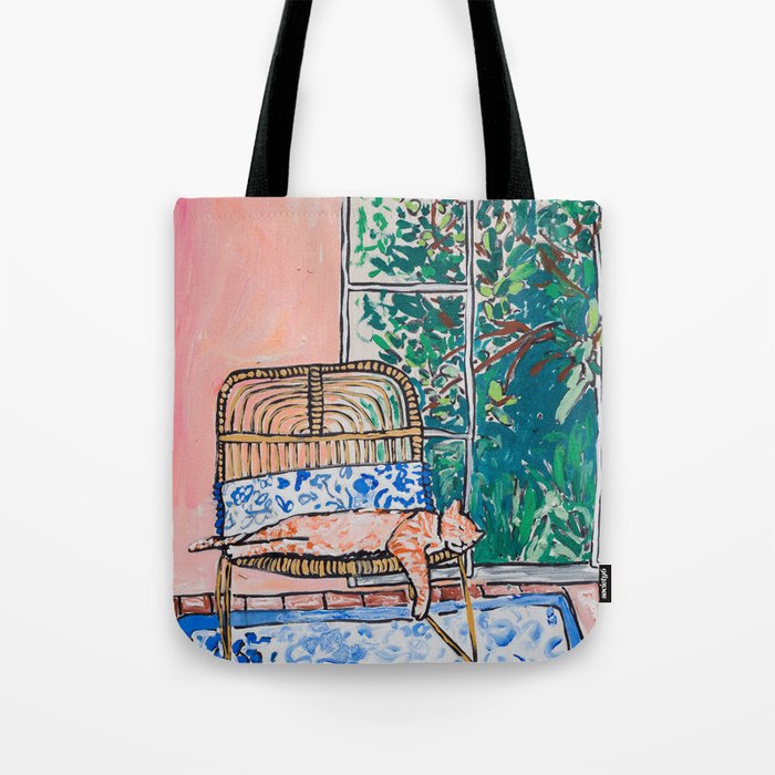 Napping Ginger Cat in Pink Jungle Garden Room Tote Bag