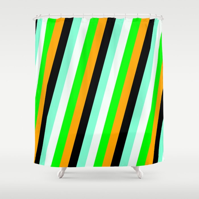 Vibrant Lime, Orange, Black, Aquamarine & Mint Cream Colored Pattern of Stripes Shower Curtain