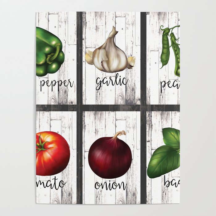 Rustic White Wood Herbs & Garden Vegetables Poster