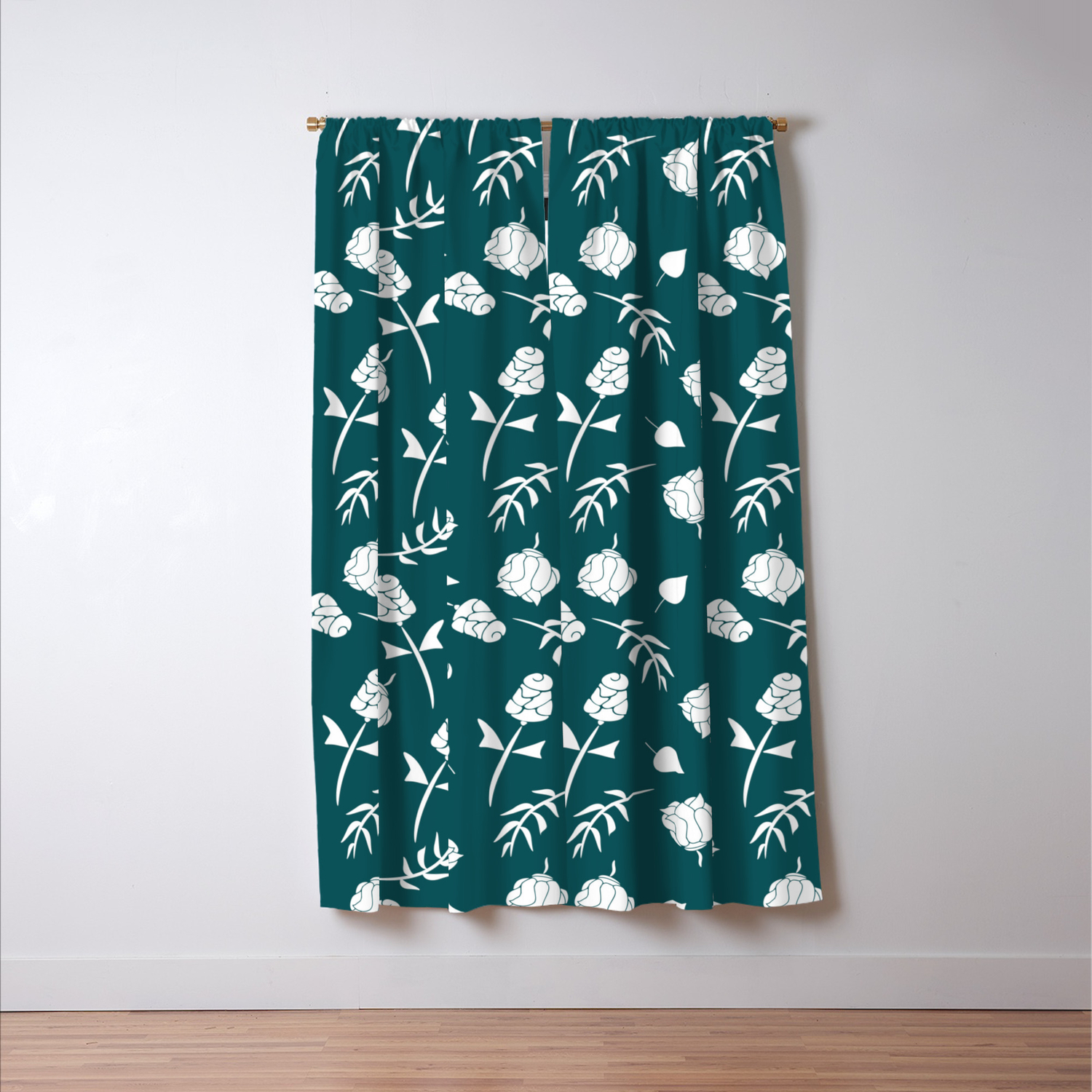 Dark Teal And White Floral Pattern Blackout Curtain By