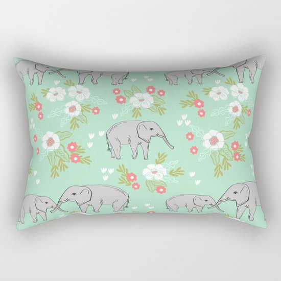 Elephants pattern mint blue with florals cute nursery baby animals lucky gifts Rectangular Pillow