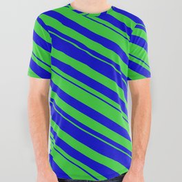[ Thumbnail: Blue & Lime Green Colored Lines Pattern All Over Graphic Tee ]