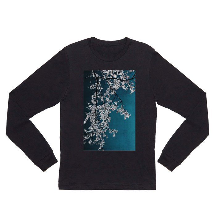 White Blossoms Tree Print - Flowers in Teal - Elegant Floral -  Japanese Nature photography Long Sleeve T Shirt