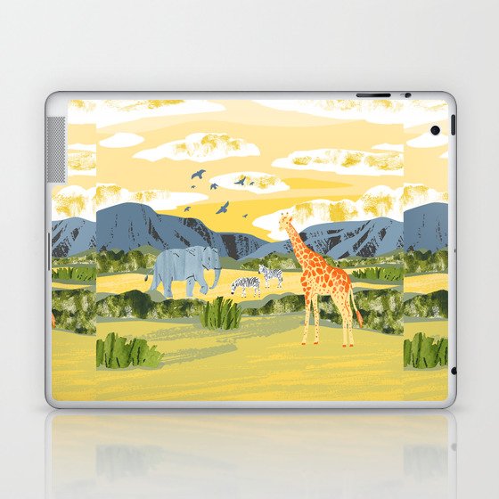 Africa. Savanna landscape with animals. Reserves and national parks outdoor. Bright hand draw Illustration with zebras, giraffe, elephant, birds, mountains, bushes and sunset Laptop & iPad Skin