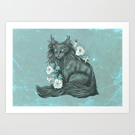 Maine Coon Cat and Moonflowers Art Print