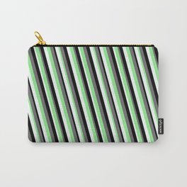 [ Thumbnail: Dim Gray, Light Green, Mint Cream & Black Colored Stripes Pattern Carry-All Pouch ]