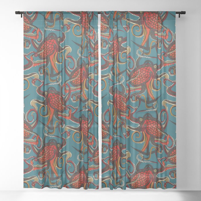 octopus ink teal Sheer Curtain