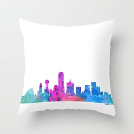 Dallas Skyline Watercolor Blue Orange Pink Purple Green Cityscape Dallas Texas US City Skyline Throw Pillow