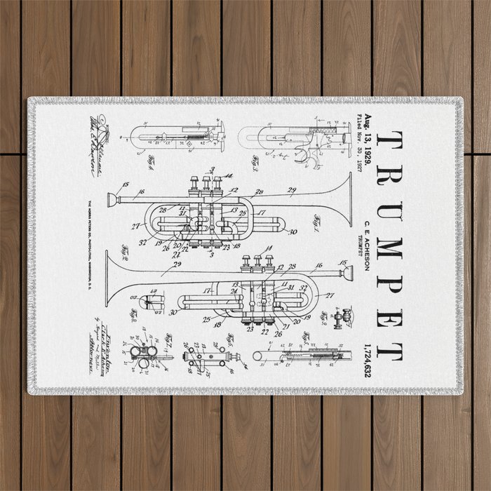 Trumpet Vintage Patent Trumpetist Drawing Print Outdoor Rug