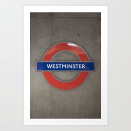 Westminster underground subway sign art print - metro in London, Uk red and blue travel photography Art Print