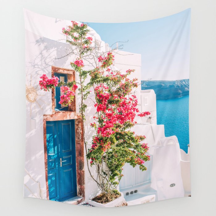 Blue Door in Santorini - Greece Travel Photography - Summer Island Wall Tapestry
