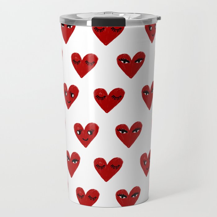 Hearts with faces cute Valentine Travel Mug by CharlotteWinter  CREDIT: SOCIETY6
