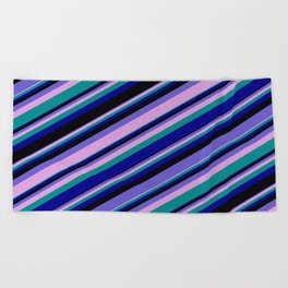[ Thumbnail: Vibrant Slate Blue, Plum, Dark Cyan, Dark Blue & Black Colored Lines/Stripes Pattern Beach Towel ]