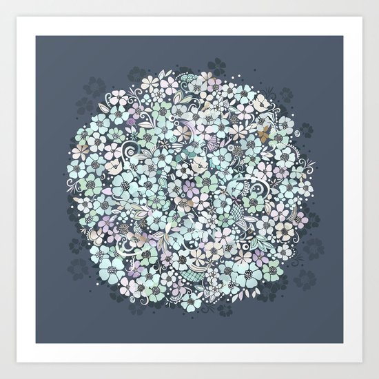 Flower Circle, mist blue Art Print