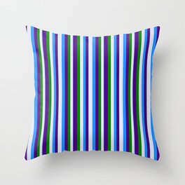 [ Thumbnail: Blue, Lavender, Green, and Indigo Colored Pattern of Stripes Throw Pillow ]