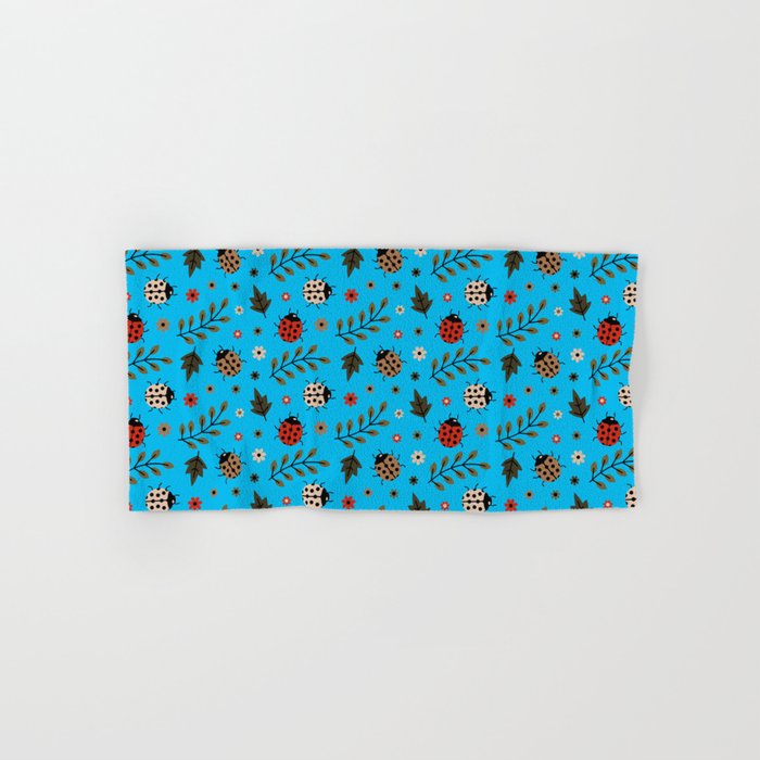Ladybug and Floral Seamless Pattern on Turquoise Background Hand & Bath Towel