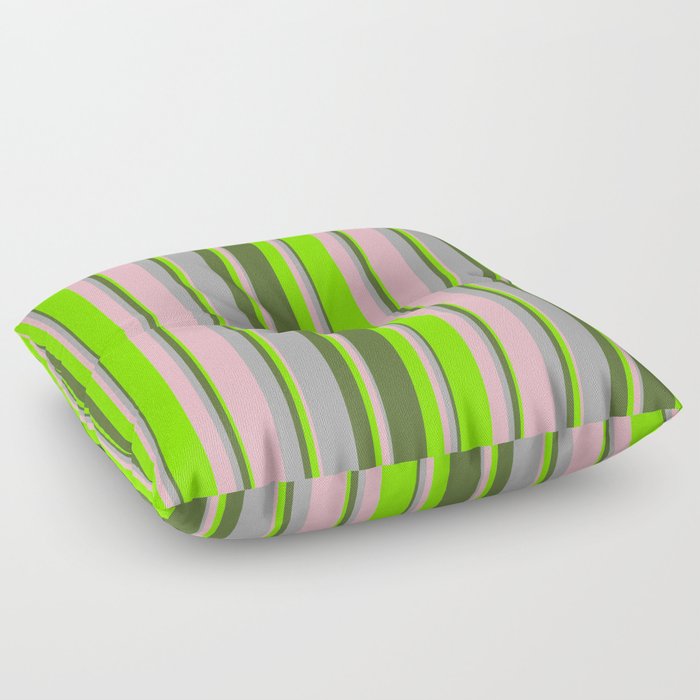 Light Pink, Dark Grey, Dark Olive Green, and Chartreuse Colored Lines/Stripes Pattern Floor Pillow