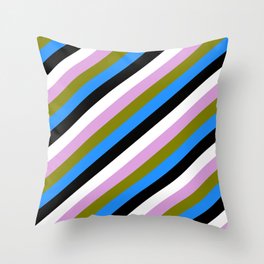 [ Thumbnail: Eye-catching Plum, Green, Blue, Black, and White Colored Stripes Pattern Throw Pillow ]