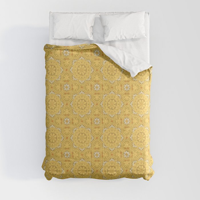 N167 - Geometric Yellow Heritage Traditional Moroccan Tiles Style Pattern Comforter