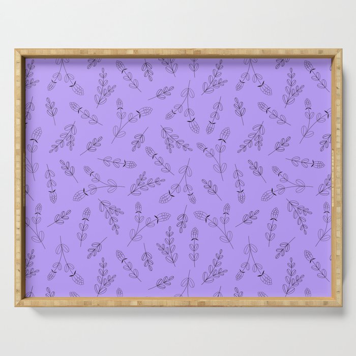 Pattern with contour sprigs of lavender on lilac background Serving Tray