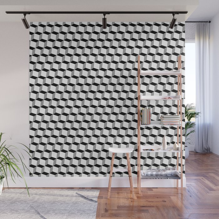Modern Optical Illusion Cubes Black White PAttern Wall Mural