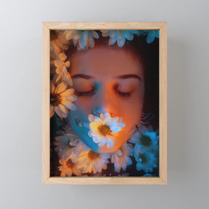 Wild daises; young woman underwater with flowers floral surreal fantasy color portrait photograph / photography Framed Mini Art Print