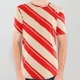 [ Thumbnail: Red & Bisque Colored Pattern of Stripes All Over Graphic Tee ]